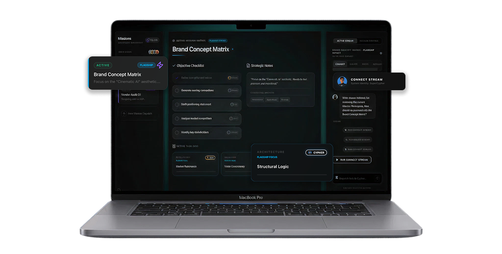 Laptop mission workspace with HUD callouts